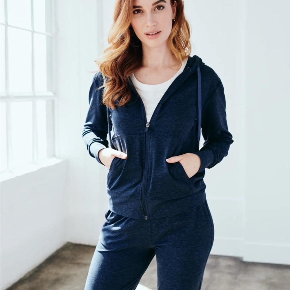 Quince Flowknit full zip hoodie in heather navy. Like new. Size XL